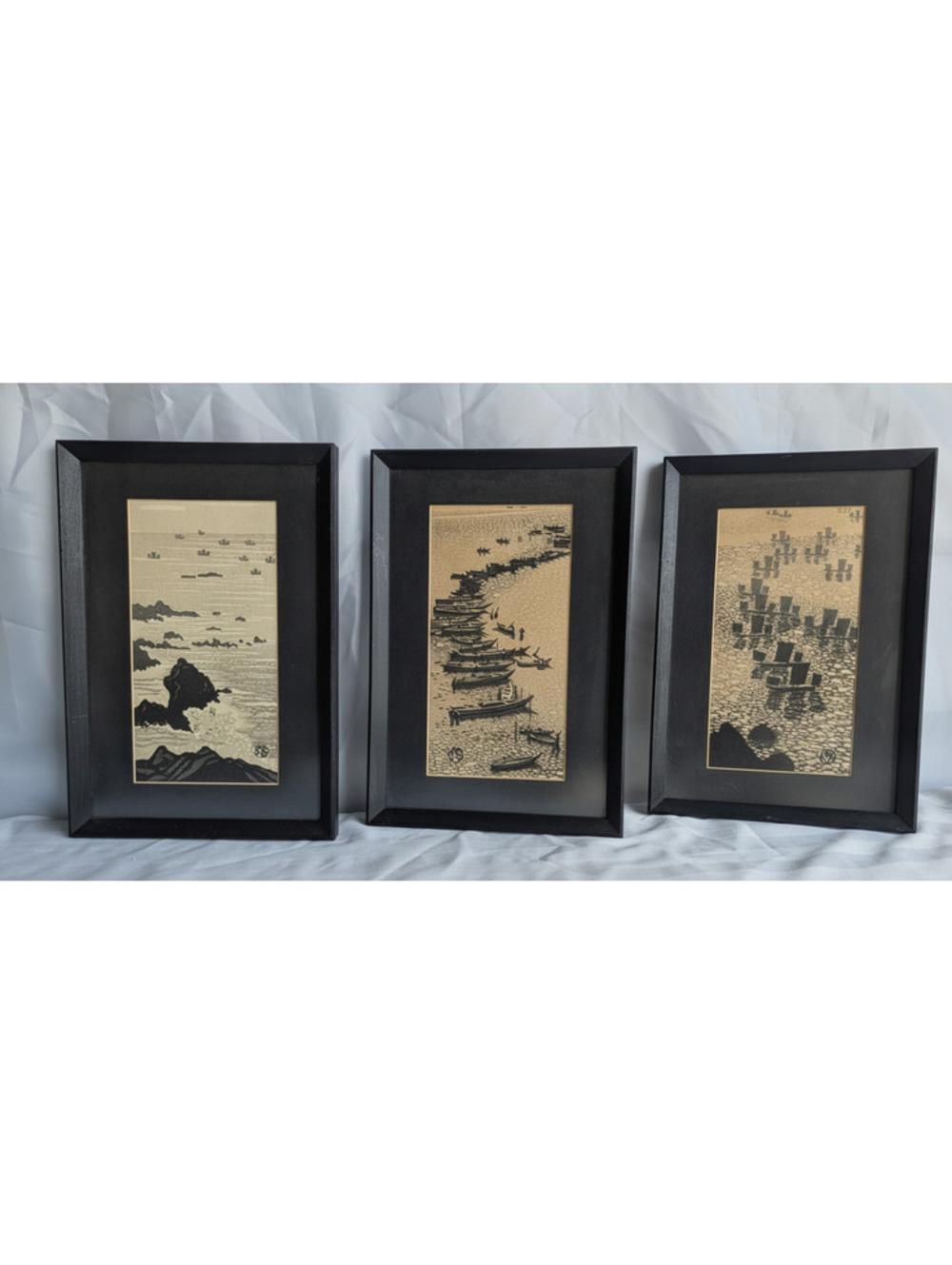 Vintage Japanese Woodblock Print Triptych by Gihachiro Okuyama Coastal Fishing